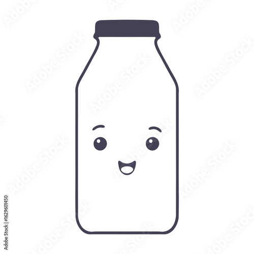 Illustration of a cartoon milk bottle with a closed lid and a happy face on a white background design