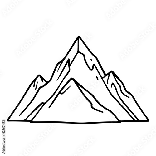 Illustration of a mountain range with three peaks outlined in black on a white background scenic view