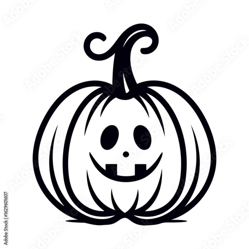 Black and white line drawing of a halloween pumpkin with a smiling face and curly stem design element