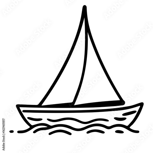 Simple black and white line drawing of a sailboat on water with a single mast and two sails design