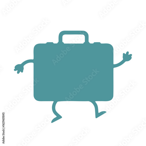 Illustration of a teal briefcase with arms and legs walking on a white background design element
