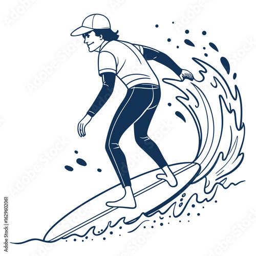Stylized illustration of a surfer riding a wave wearing a cap and wetsuit