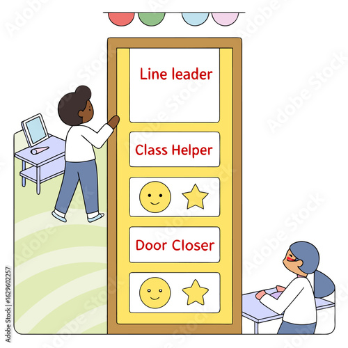 Classroom scene with children and a job chart listing line leader class helper and door closer roles