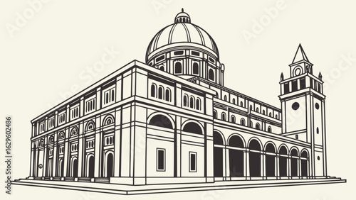 Detailed architectural drawing of basilica cathedral building with dome and tower illustration line art