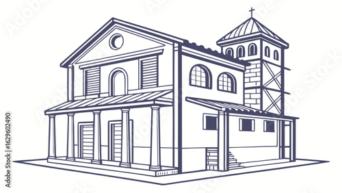 outlined church building with cross, architectural style clip art preview
