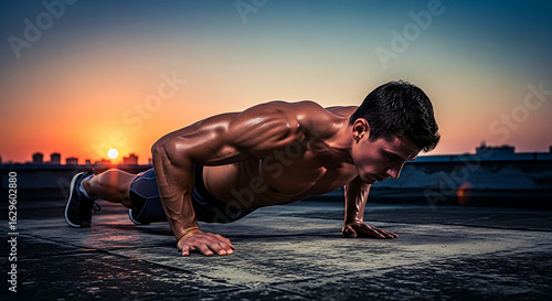 Man performing push-ups on rooftop at sunset for fitness training