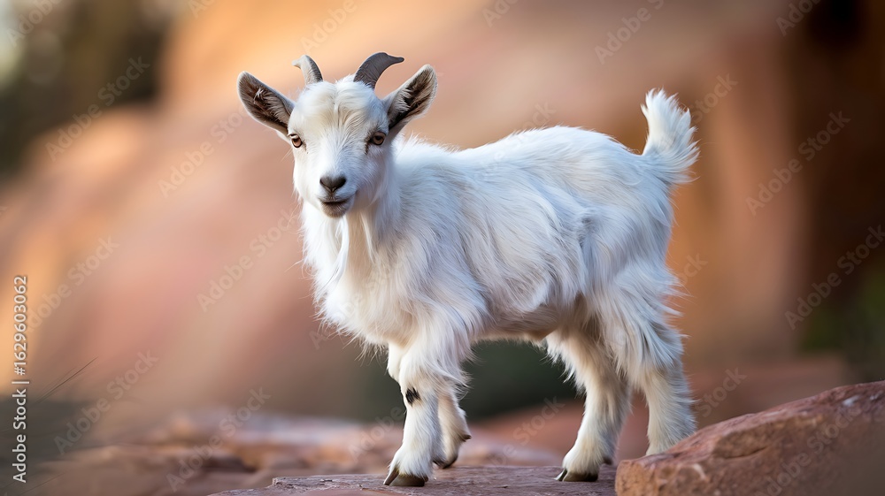 Obraz premium Young White Kid Goat Posing on Desert Rocks