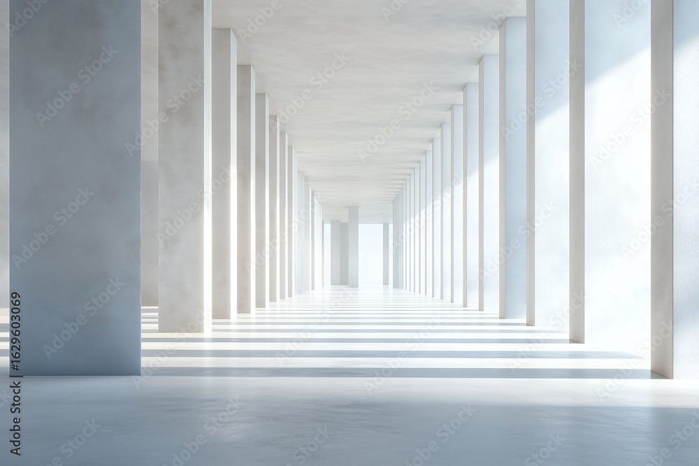 Fototapeta premium Sunlit architectural corridor with evenly spaced columns creating a rhythmic pattern of light and shadow, emphasizing depth and perspective.