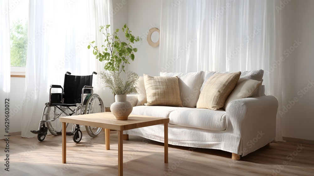 Fototapeta premium Cozy living room with a comfortable couch and wheelchair friendly design
