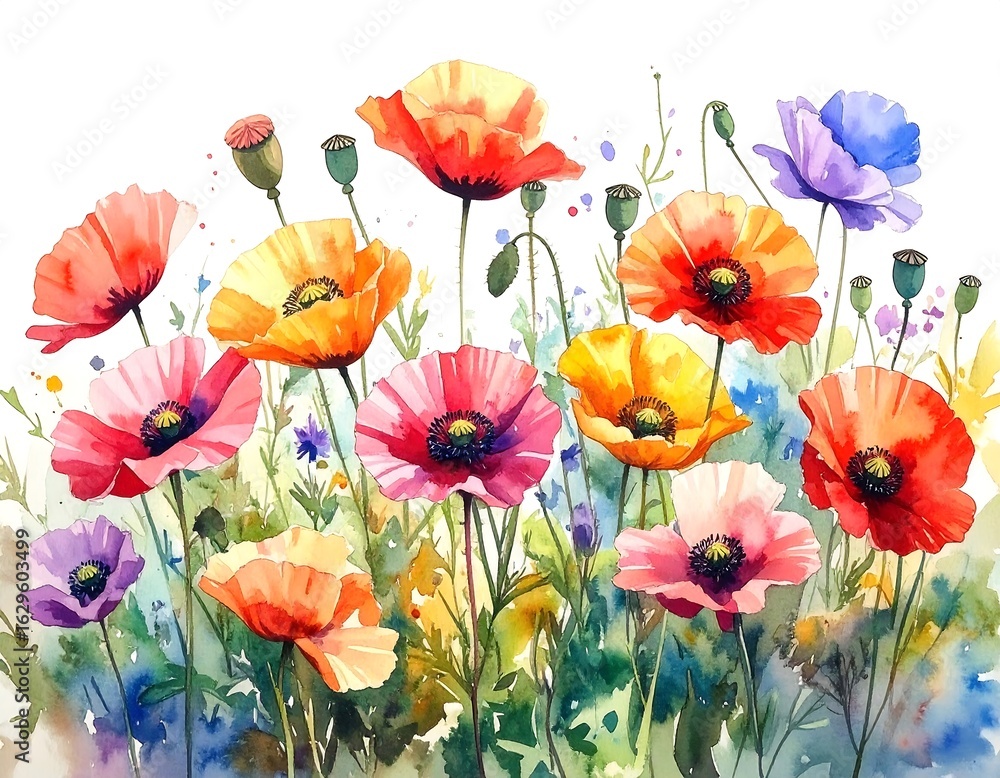 Fototapeta premium Vibrant poppy field illustration