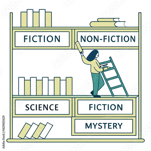 Illustration of a woman on a ladder reaching for a book in a bookshelf with different genres listed