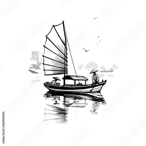 Traditional Asian junk boat, sumi-e ink wash painting vector illustration.