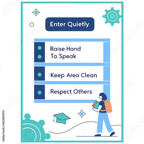Classroom rules poster with enter quietly raise hand to speak keep area clean and respect others displayed nicely