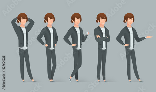Stylish cartoon man with long brown hair tied in a braid, wearing a gray business suit and light sweater. Full body character in 5 dynamic poses, modern and approachable look.