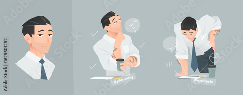 White businessman holding coffee cup and thinking with a smile. Two scenes depict thoughtful planning and analyzing success. Includes emoji and business icons.