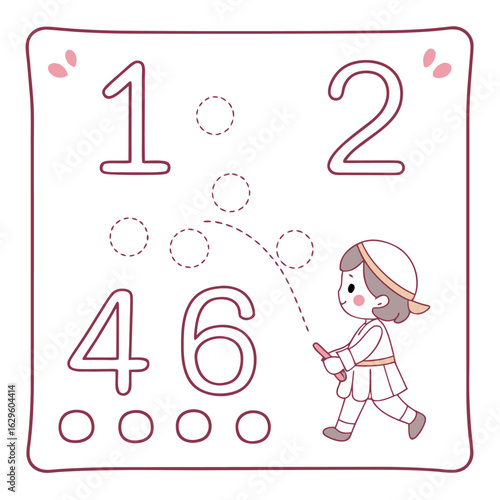 Illustration of a worksheet with numbers one two four six and a cartoon child tracing dotted lines with pencil