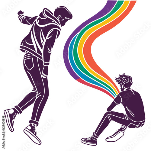 Two stylized figures with a rainbow connection isolated on white background