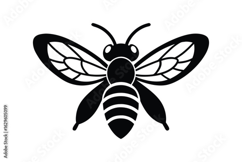 Silhouette design illustration of a honey bee with visible wings and stripes.eps