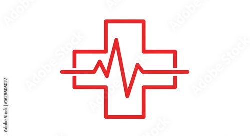 A red medical cross with a heartbeat line going through it on a white background in a minimalist style
