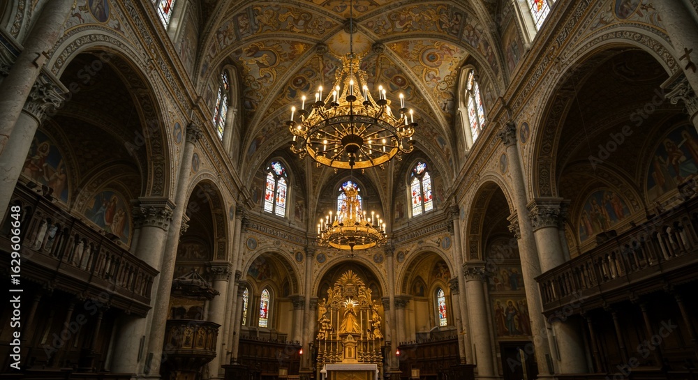 Fototapeta premium Ornate Church Interior, Gilded Chandelier, Stained Glass