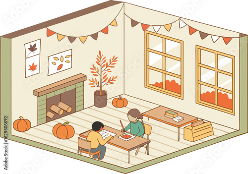 Isometric view of a cozy autumn classroom with children studying near a fireplace and fall decorations