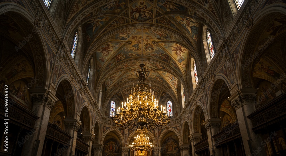 Fototapeta premium Ornate church interior, vaulted ceiling, golden chandelier