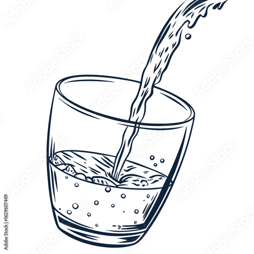 Water is being poured into a clear glass isolated on white background