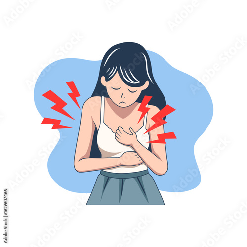 Woman Suffering from Chest Pain – Cartoon Vector Illustration of Heart Attack Symptoms