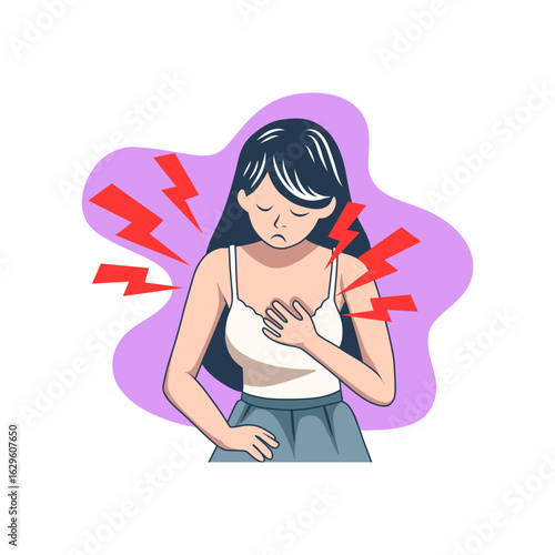 Woman Suffering from Chest Pain – Cartoon Vector Illustration of Heart Attack Symptoms