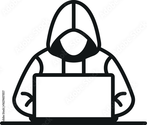 Stylized icon of hooded hacker figures typing on laptops with dark theme - vector illustration