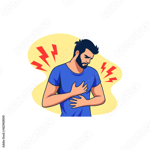 Man Holding Chest in Pain – Flat Vector Illustration of Heart Attack or Chest Pain Symptoms
