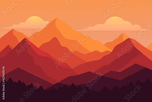 Vibrant mountain landscape at sunset with warm orange and red hues