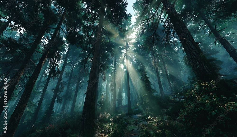 Obraz premium Ethereal misty forest with tall trees and sun rays shining through the fog at sunrise, tranquil nature landscape with soft light and atmospheric mood in the early morning woodland scenery