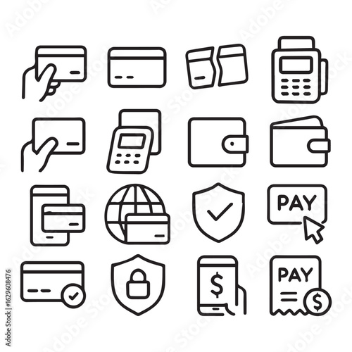 "Set of Payment and Finance Line Icons Including Cards, Terminals, Wallets, and Mobile Transactions"
