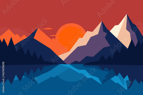 Geometric mountain landscape at sunset reflected in water