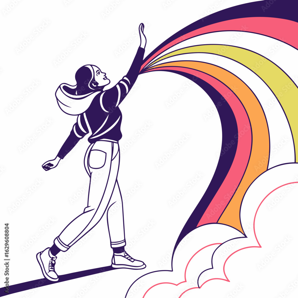 Fototapeta premium Woman reaching for a rainbow isolated on white background, chasing her dreams