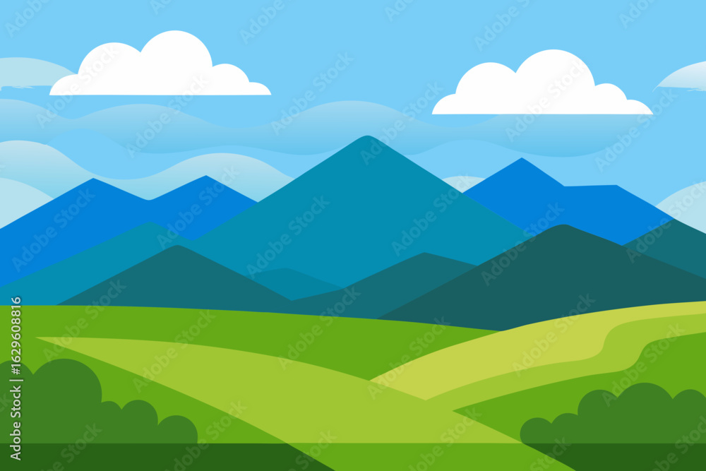 Obraz premium Stylized flat landscape with rolling green hills and blue mountains under a cloudy sky