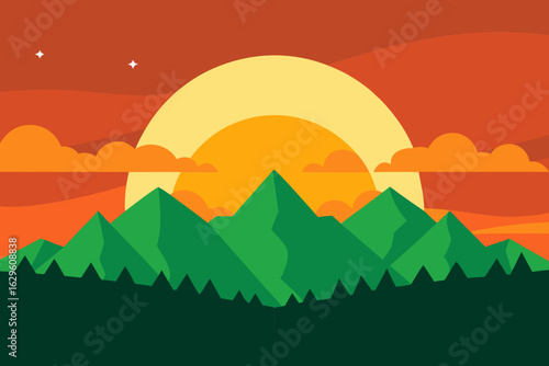 Vibrant geometric mountain landscape at sunset with clouds and stars