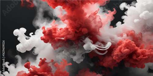 A vintage, isolated explosion of red smoke and fire creates a striking black and white abstract pattern against a light blue sky