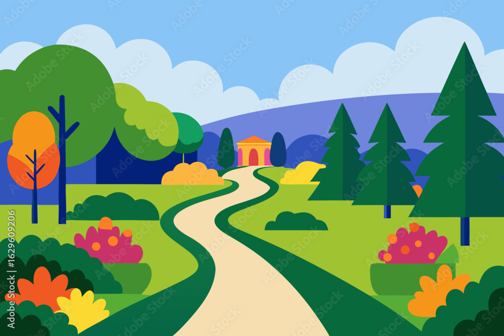 Fototapeta premium Stylized park landscape with winding path leading to a gazebo