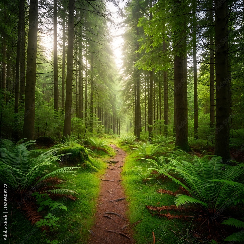 Fototapeta premium Sunlight streams through a lush forest path.