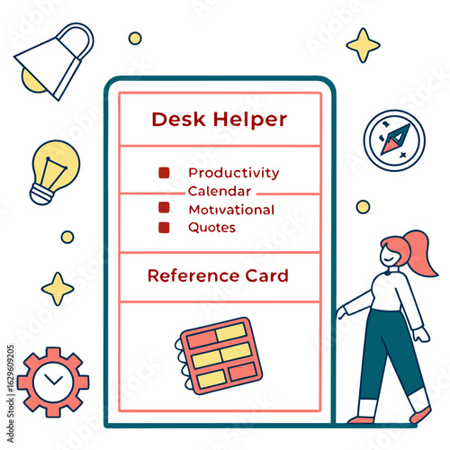 Illustration of a desk helper card with productivity calendar motivational quotes and reference card elements