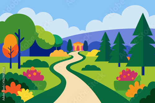 Stylized park landscape with winding path leading to a gazebo