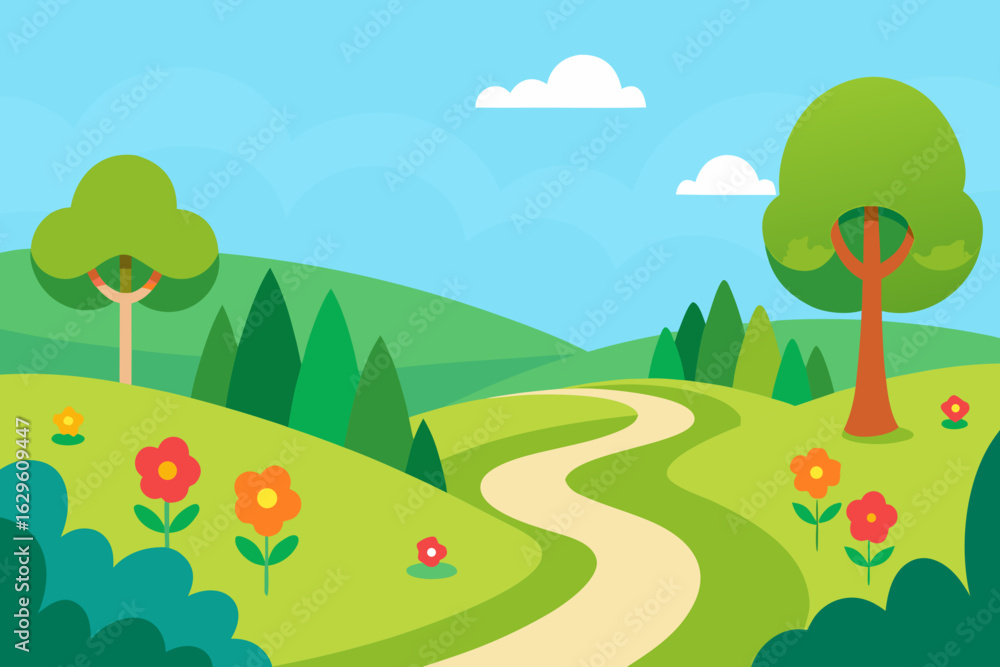 Naklejka premium Idyllic countryside landscape with winding path and flowers