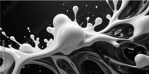 Dynamic milk splash with drops creating a swirling wave on a black background, perfect for a liquid art illustration