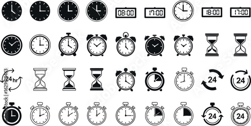 Vector art of diverse collection of clock and timer icons, including alarm clocks, stopwatches, and hourglasses, representing time management transparent background