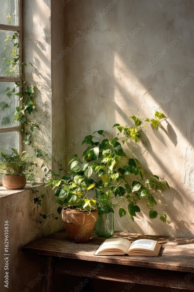 Fototapeta premium Sunlight streams into a room, illuminating houseplants on a wooden table