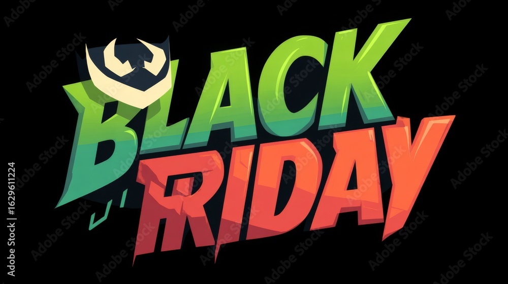 Fototapeta premium Black Friday bold cartoon text with stylized monster element on dark background.