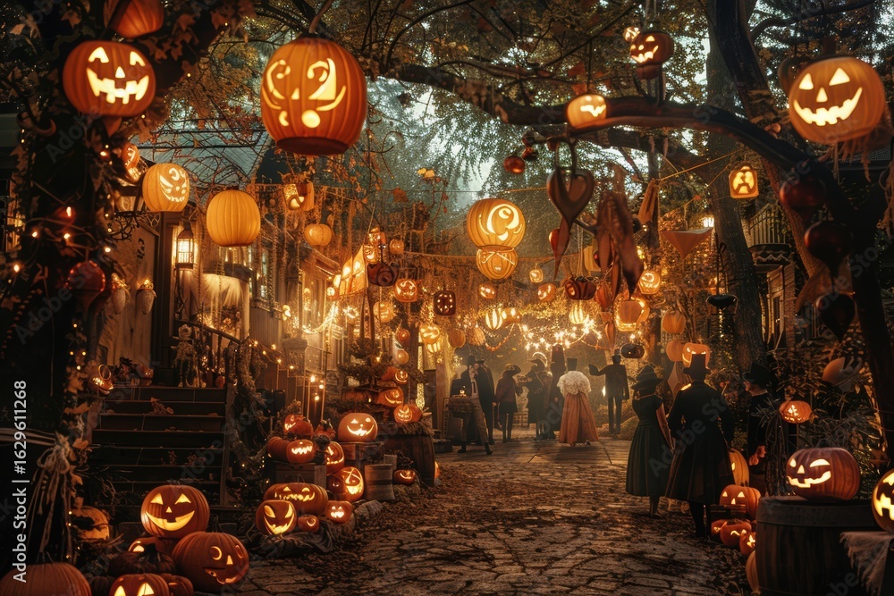 Fototapeta premium Enchanting halloween night celebration illuminated by warm glowing pumpkins and festive lanterns with crowd of people enjoying spooky autumn village scene