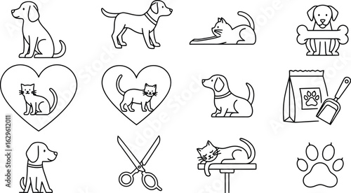 Vector art of set of cute pet icons including dogs, cats, grooming, and food, isolated on white background transparent background